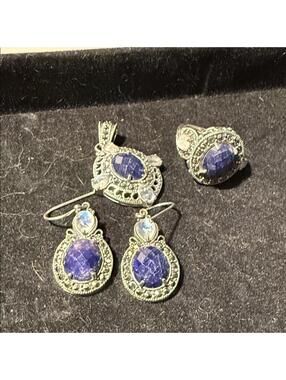 Sterling Silver Faceted Lapis & Marcasite Statement Ring
